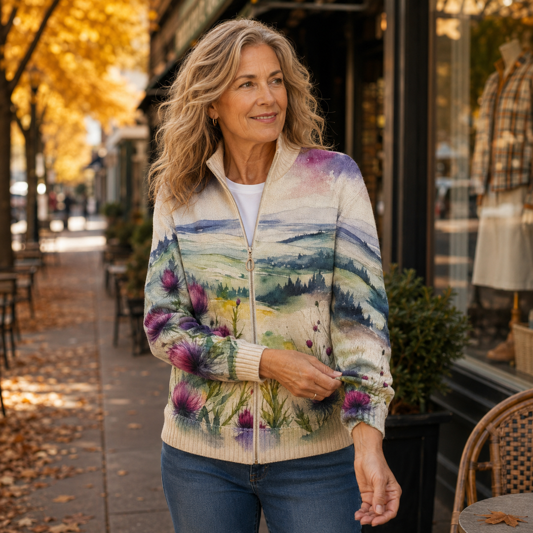 Lidia™ | Landscape Zip Cardigan with Scottish Thistle