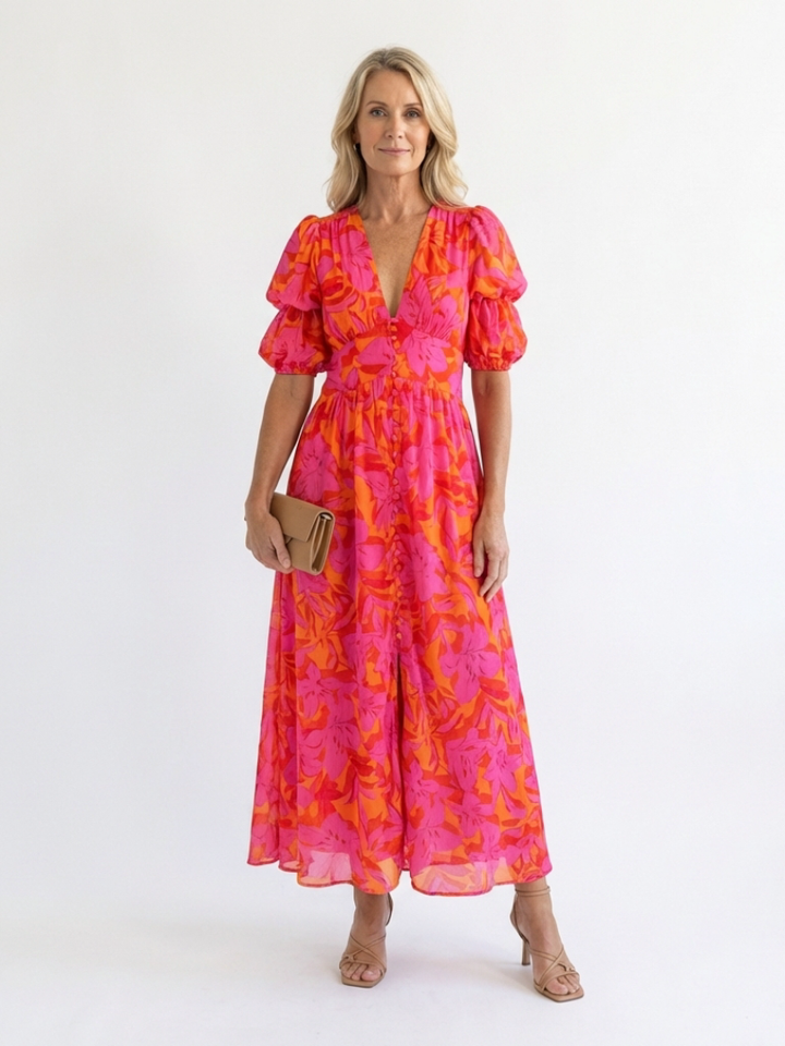 Anna | Midi Dress with V-Neck and Balloon Sleeves