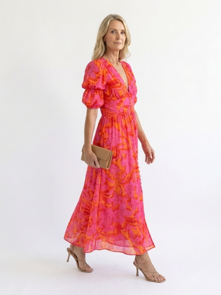 Anna | Midi Dress with V-Neck and Balloon Sleeves