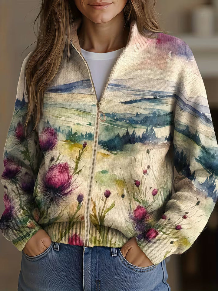 Lidia™ | Landscape Zip Cardigan with Scottish Thistle