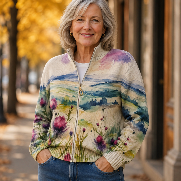Lidia™ | Landscape Zip Cardigan with Scottish Thistle