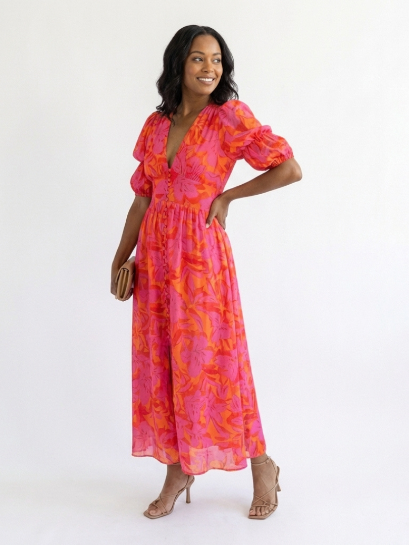 Anna | Midi Dress with V-Neck and Balloon Sleeves
