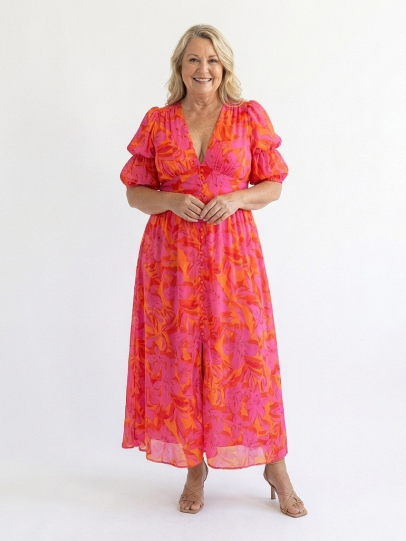 Anna | Midi Dress with V-Neck and Balloon Sleeves