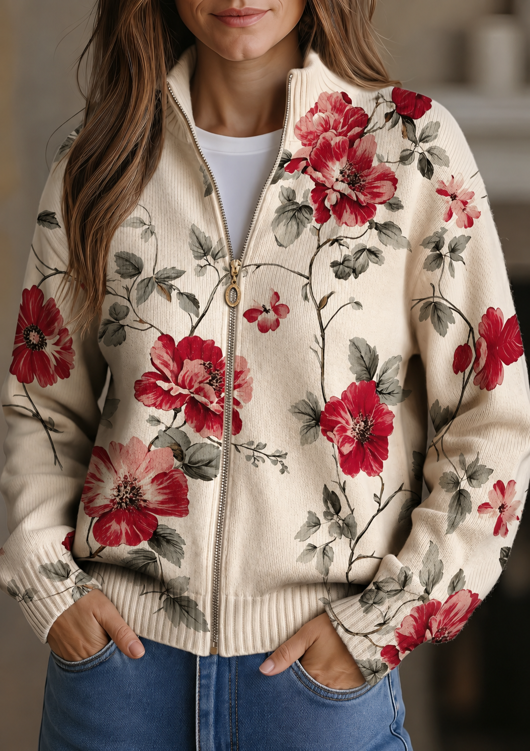 Filomena™ | Vintage Rose Print Zip Cardigan