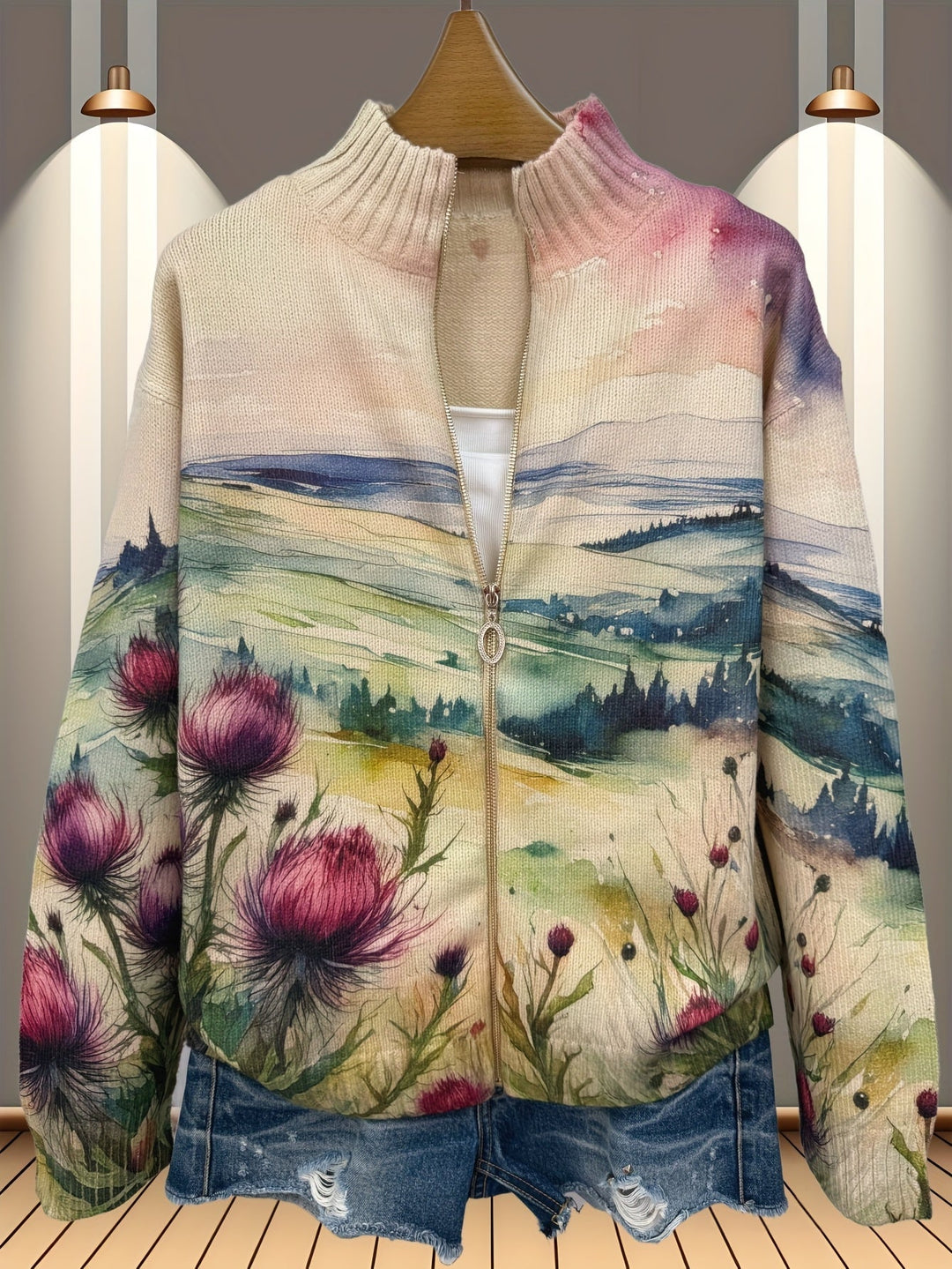 Lidia™ | Landscape Zip Cardigan with Scottish Thistle