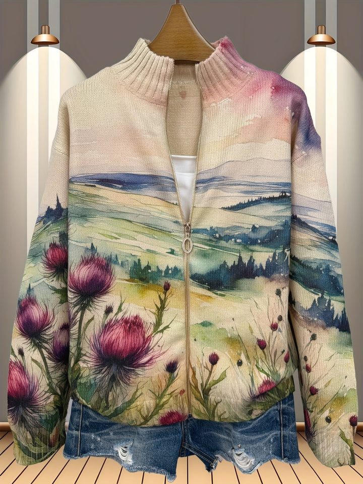 Lidia™ | Landscape Zip Cardigan with Scottish Thistle