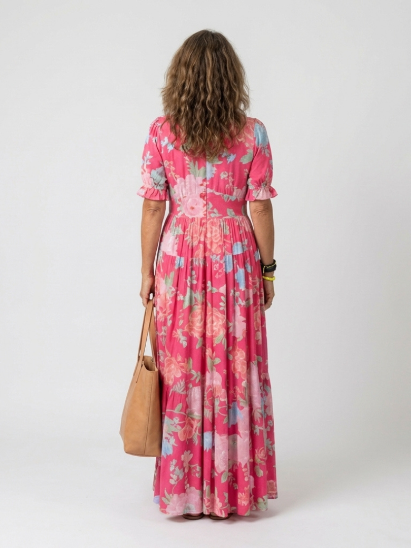 Pink | Midi Floral Dress with Short Sleeves and V-Neck