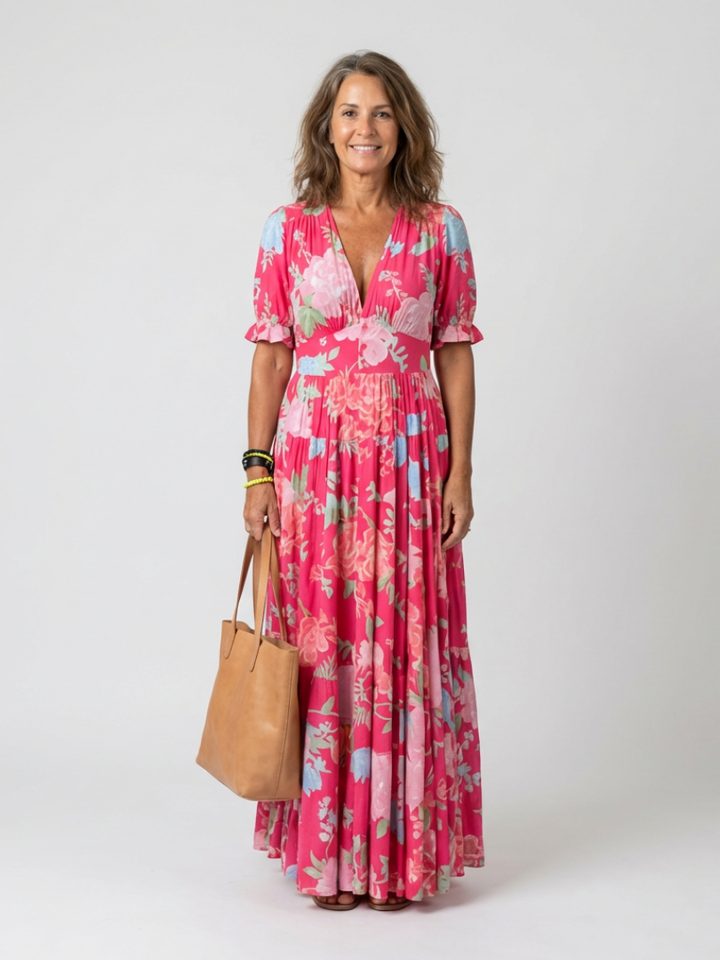 Pink | Midi Floral Dress with Short Sleeves and V-Neck