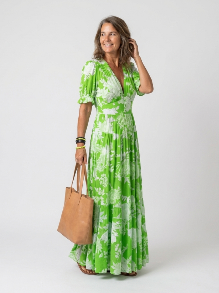 Pink | Midi Floral Dress with Short Sleeves and V-Neck