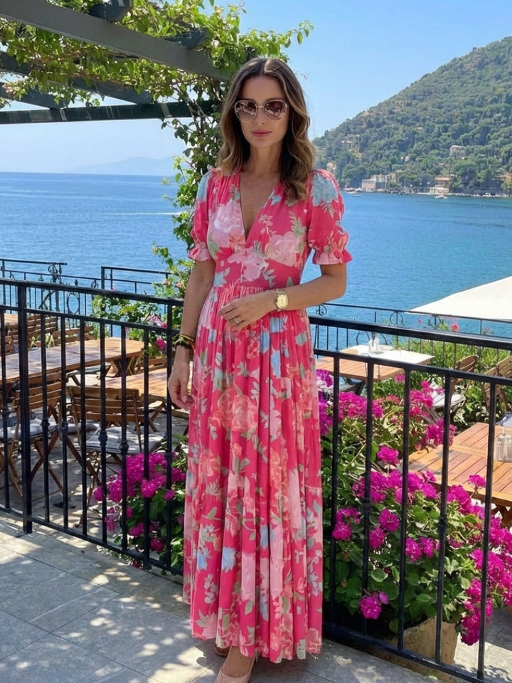 Pink | Midi Floral Dress with Short Sleeves and V-Neck