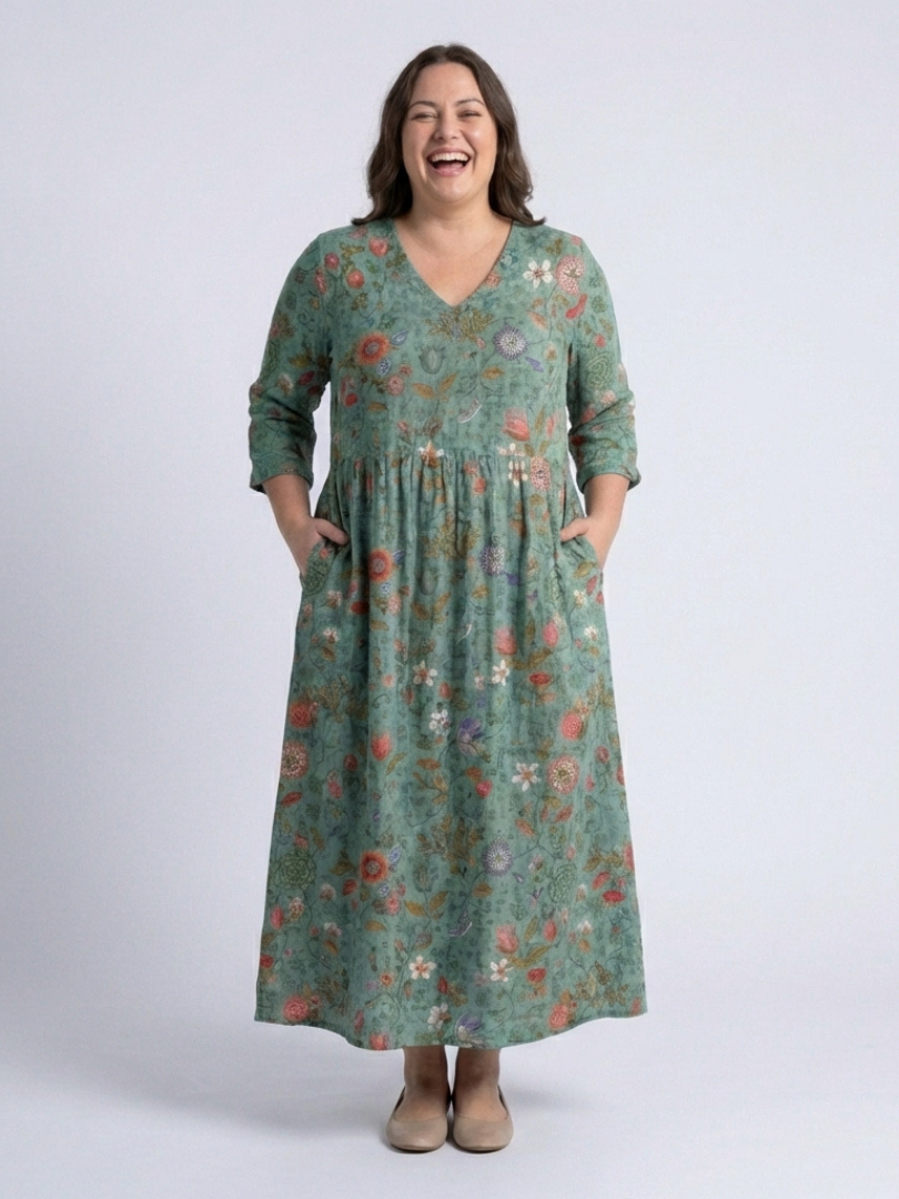 Graziella | Maxi Dress with V Flowers and Three-Quarter Sleeves