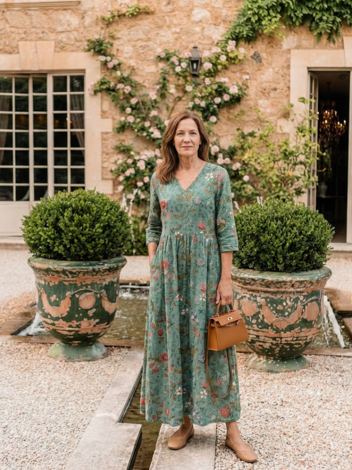 Graziella | Maxi Dress with V Flowers and Three-Quarter Sleeves