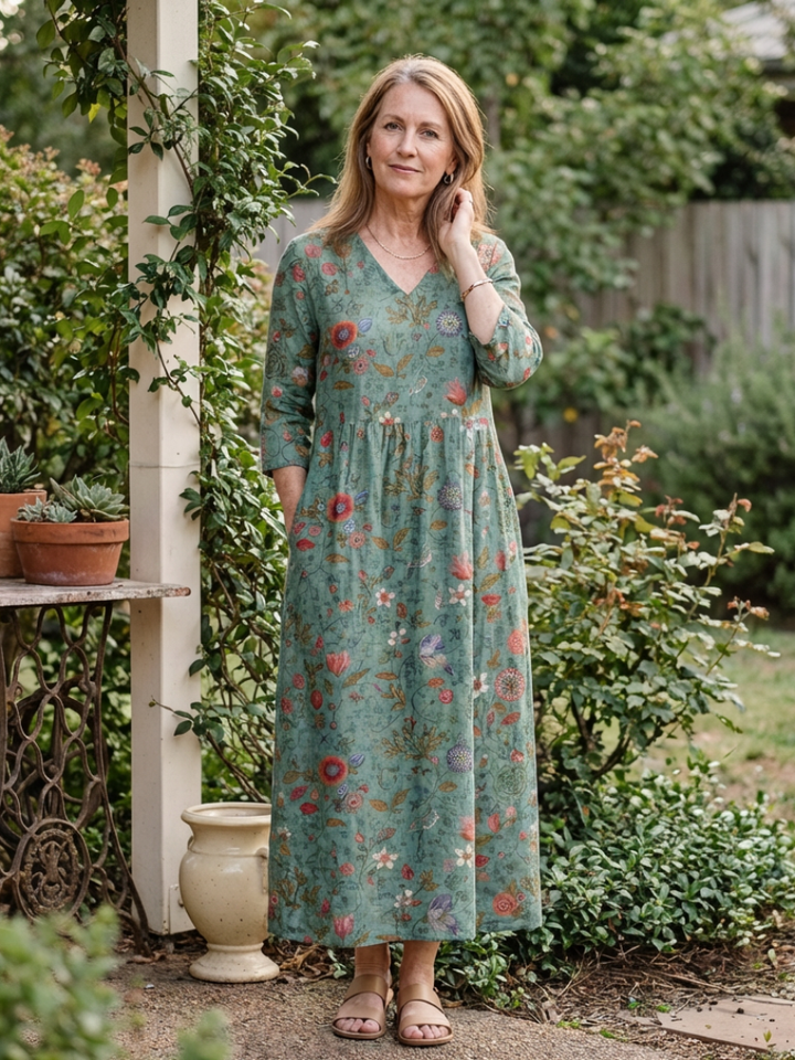 Graziella | Maxi Dress with V Flowers and Three-Quarter Sleeves