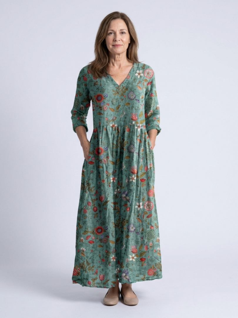 Graziella | Maxi Dress with V Flowers and Three-Quarter Sleeves