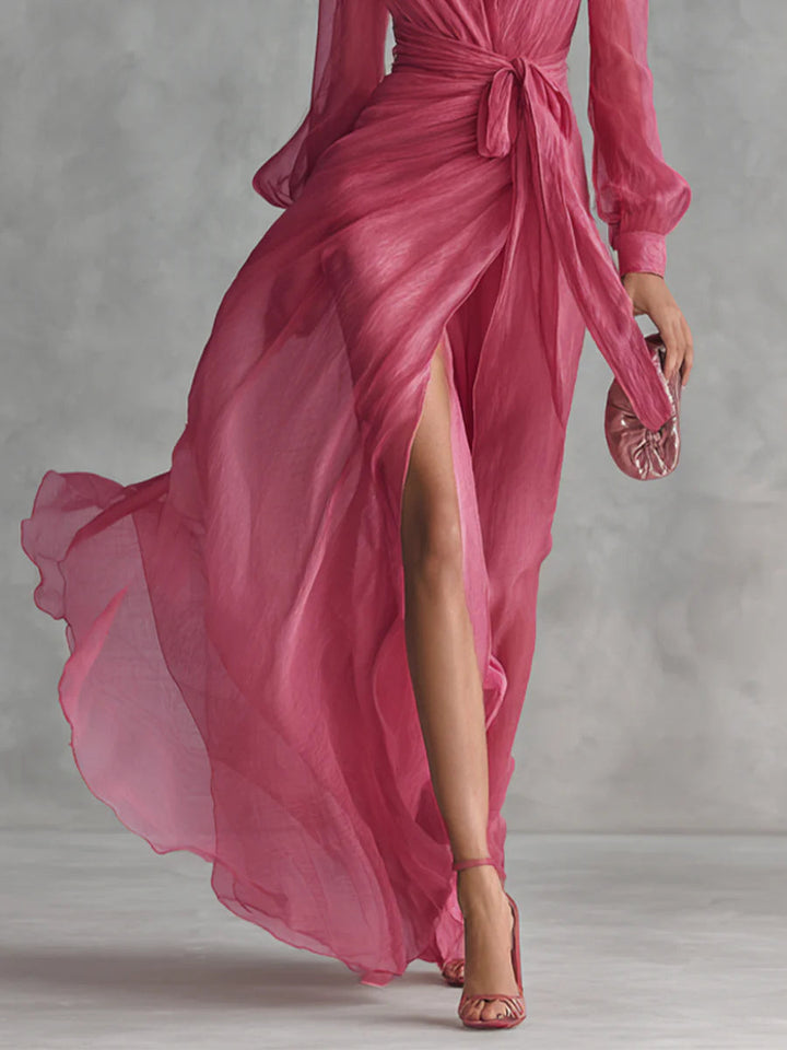 Mirella | Elegant Long Chiffon Dress with V-Neck and Tied Waist