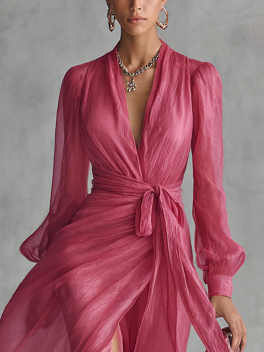 Mirella | Elegant Long Chiffon Dress with V-Neck and Tied Waist