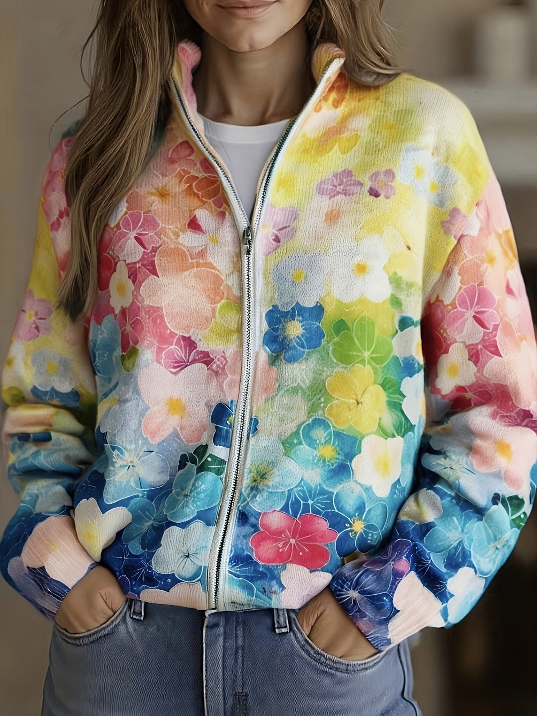 Carmela™ | Ombre Floral Watercolor Zip Cardigan