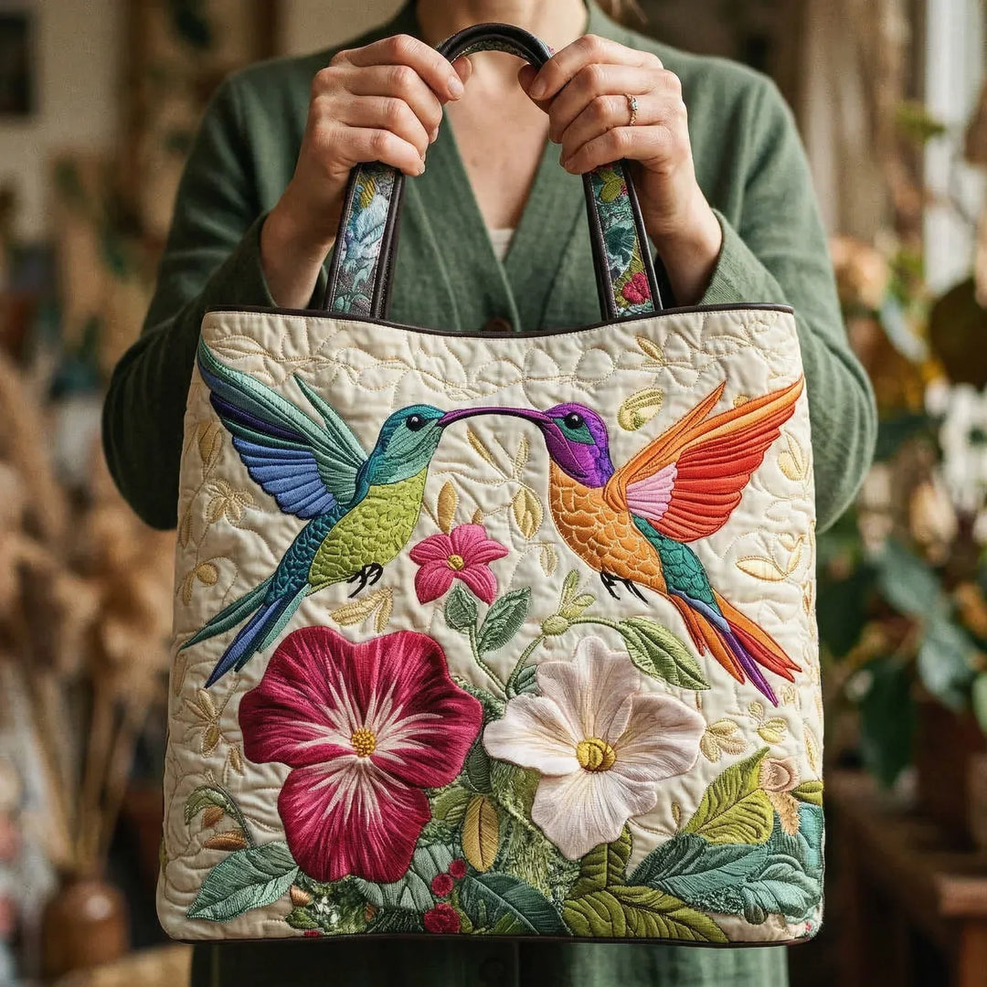 Padded Tote Bag - Hummingbird and White Flowers