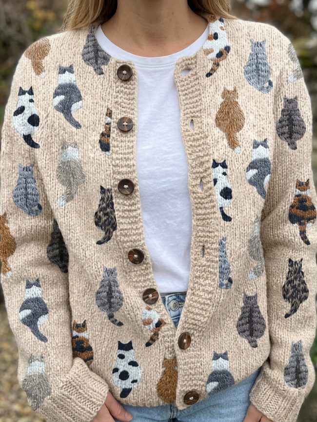 Graziella™ | Cozy Cat Print Cardigan