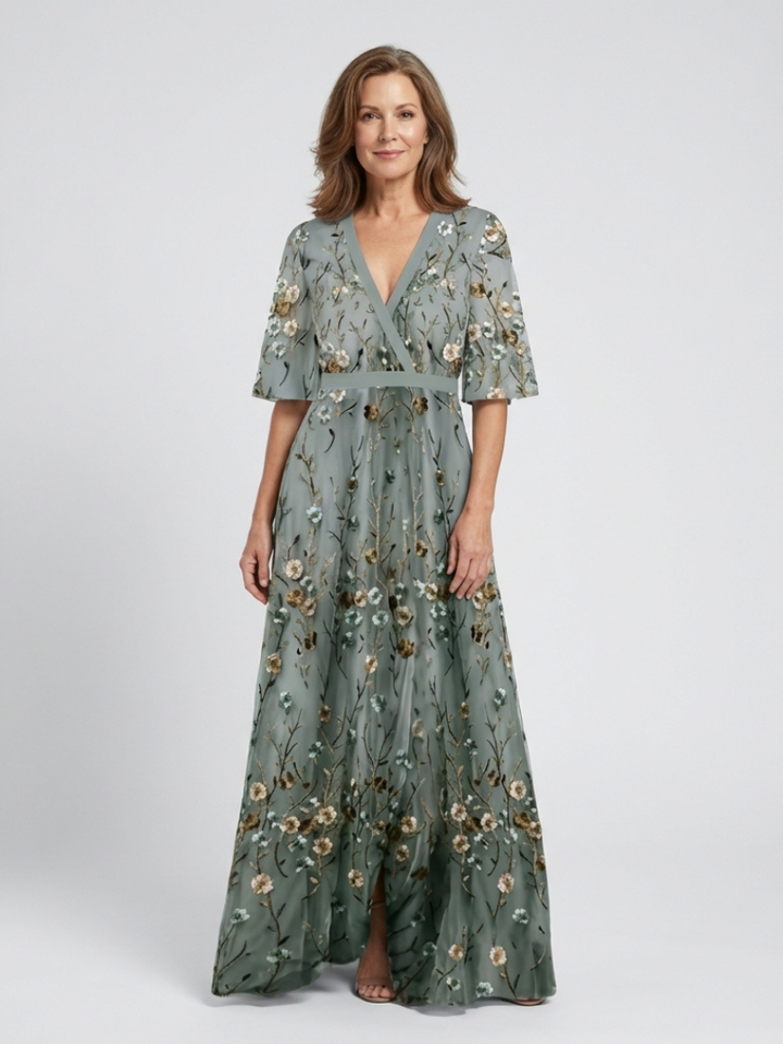 Vincenza | Maxi Dress with V-Neck Floral Design and Short Sleeves
