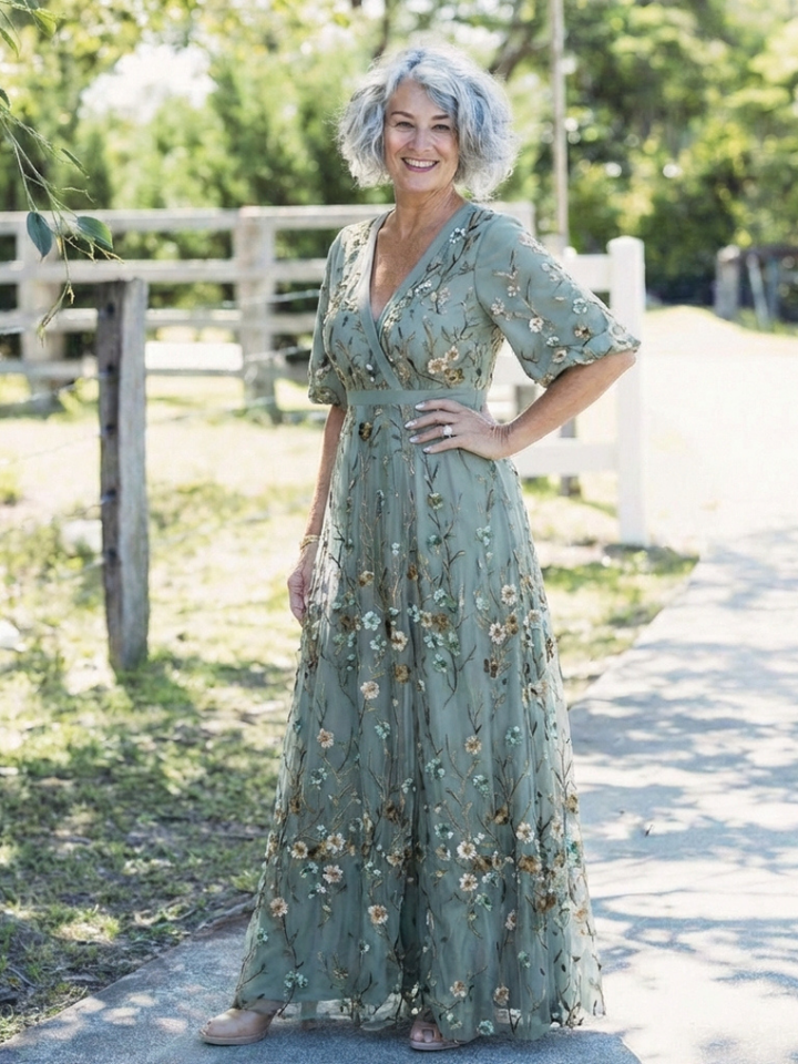 Vincenza | Maxi Dress with V-Neck Floral Design and Short Sleeves