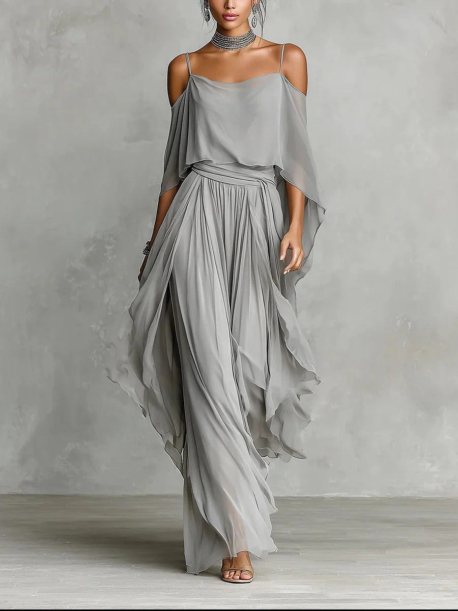 Renata | Gray Fluid Set with Spaghetti Strap Top and Lightweight Pants