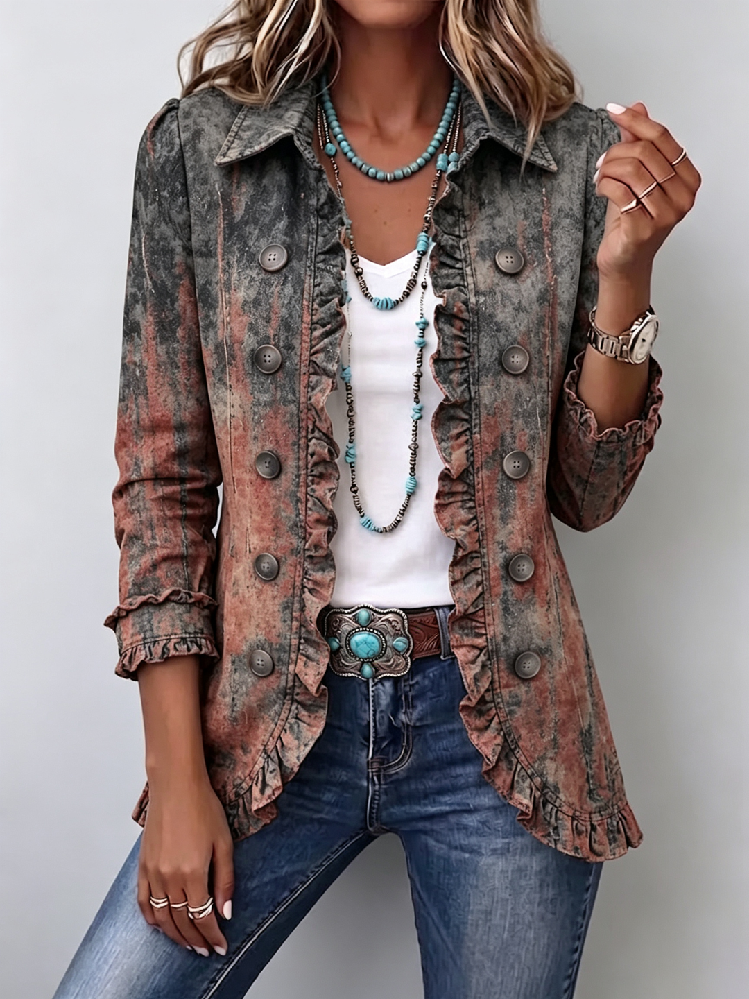 Carla™ | Ruffle Jacket with Vintage Gradient Textured Print